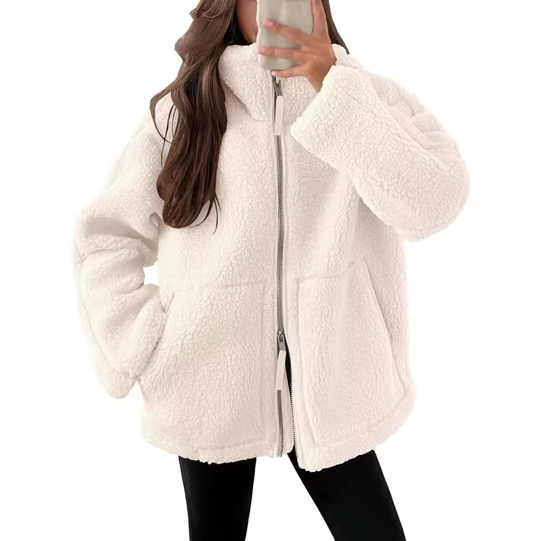 Winter Lapel Zip-up Coat With Pockets Casual Fashion Solid Fleece Jacket Fall Spring Long Sleeve Women's Clothing view 2