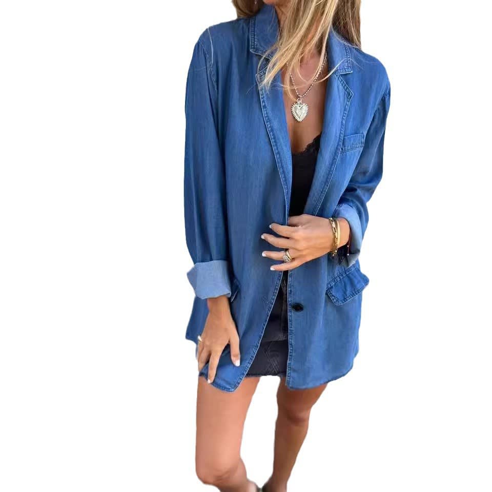 Lapel Shirt Jacket Ins Fashion Solid Color Long-sleeved Denim Top Autumn And Spring Casual Daily Streetwear Women's Clothing view 5