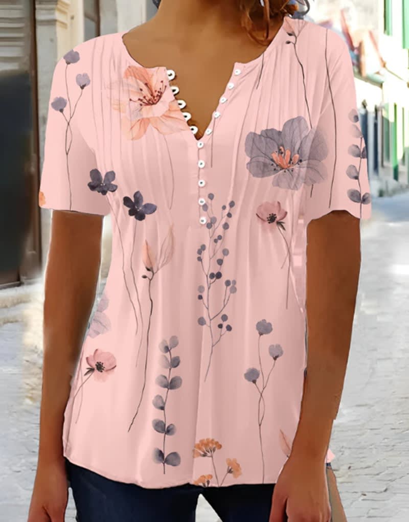 European American Summer New Fashion Printed Casual Short Sleeve Pleated Breasted T-shirt For Women view 11