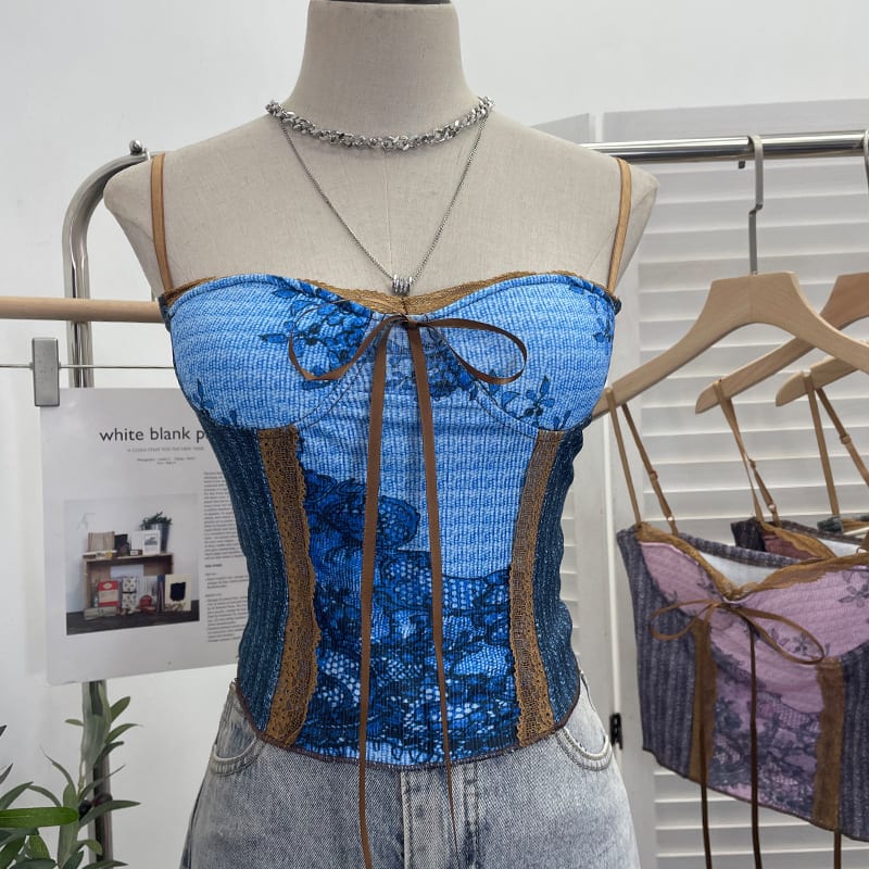 Vintage Ink Painting With Chest Pad Short Lace Up Tube Top For Women view 5