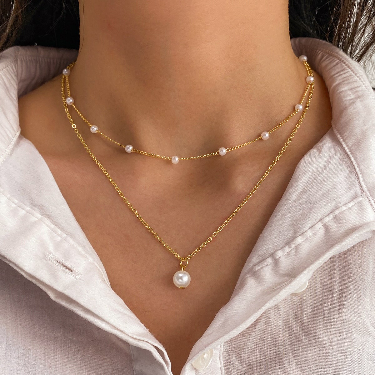 Fashion Jewelry Women's Pearl Tassel Pendant Double-layer Necklace Gold Pearl Necklace For Women view 6