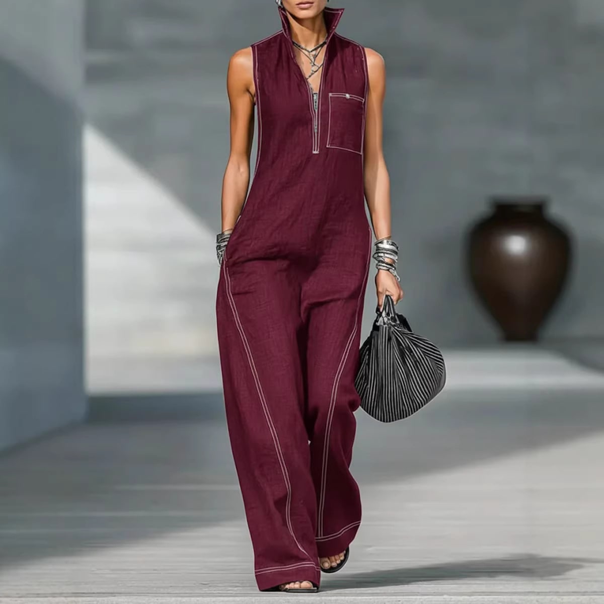Stand-up Collar Jumpsuit With Pockets Summer Fashion Casual Sleeveless Jumpsuit Trousers Women's Clothing view 3