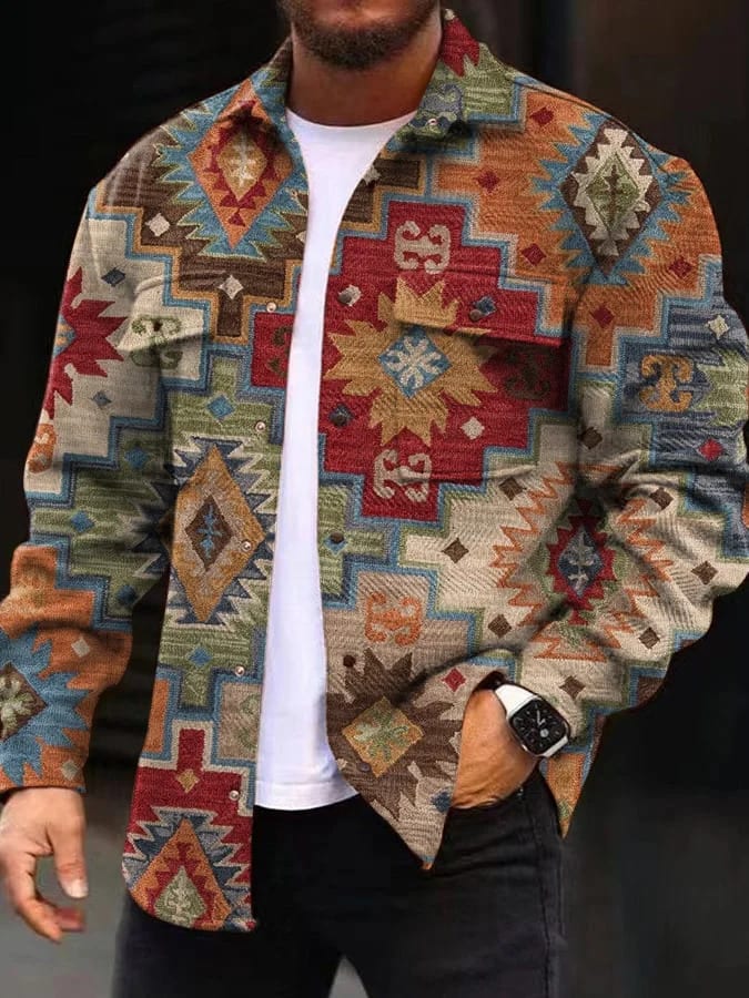 Printing Lapel Men's Jacket Single-breasted Plaid Top view 6