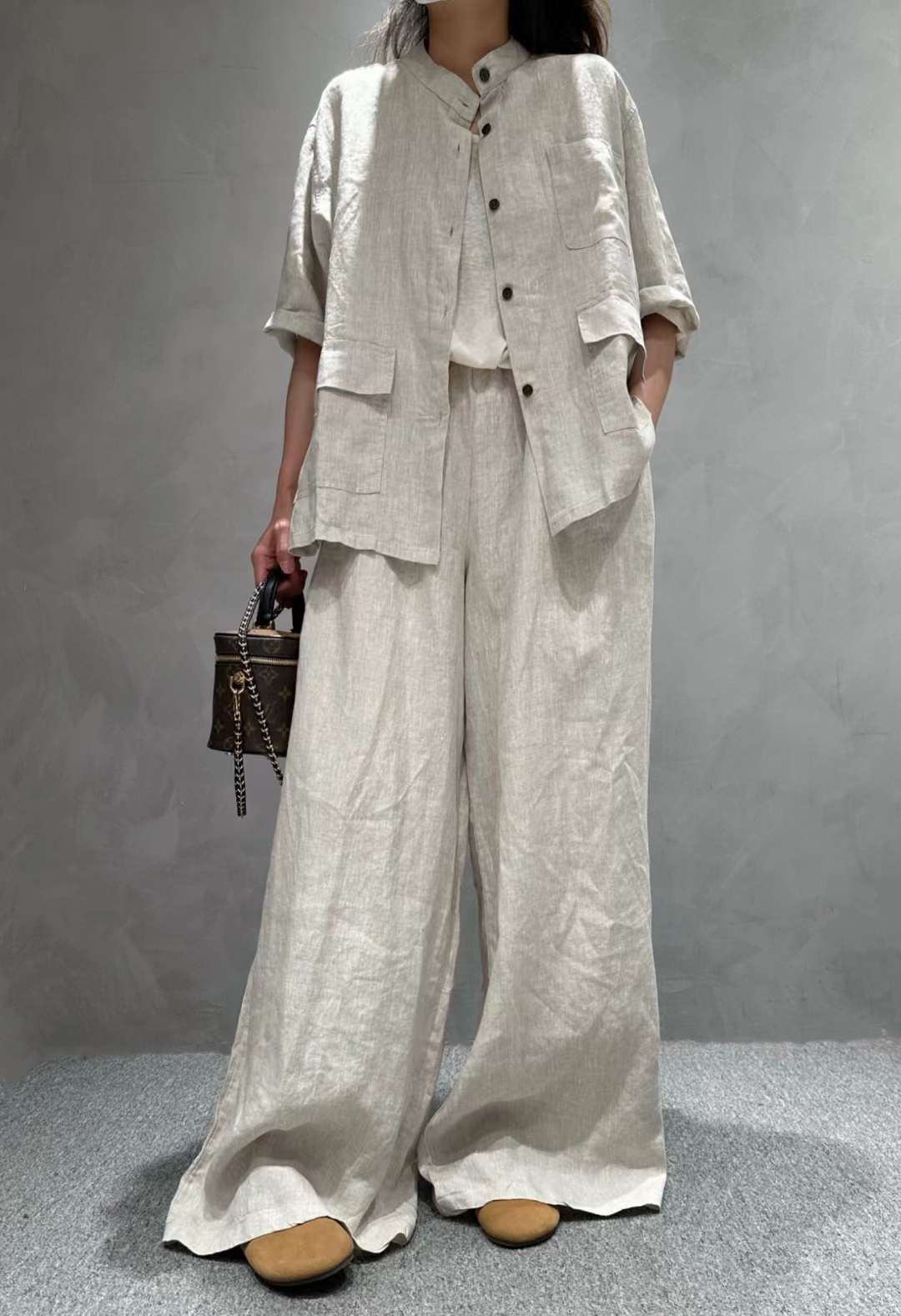 Solid Color Linen Suit Half Sleeve Shirt Casual Pants view 5