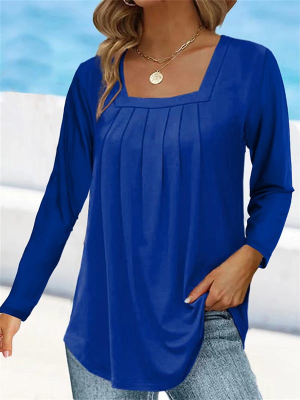 Women's Pleated Square Collar Long Sleeve Imitation Cotton Large Size T-shirt view 13