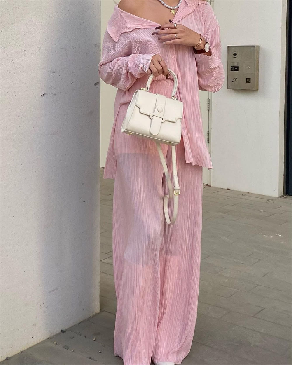 Pleated Design Shirt Outfit Straight-leg Trousers Loose Drooping Two-piece Set view 22