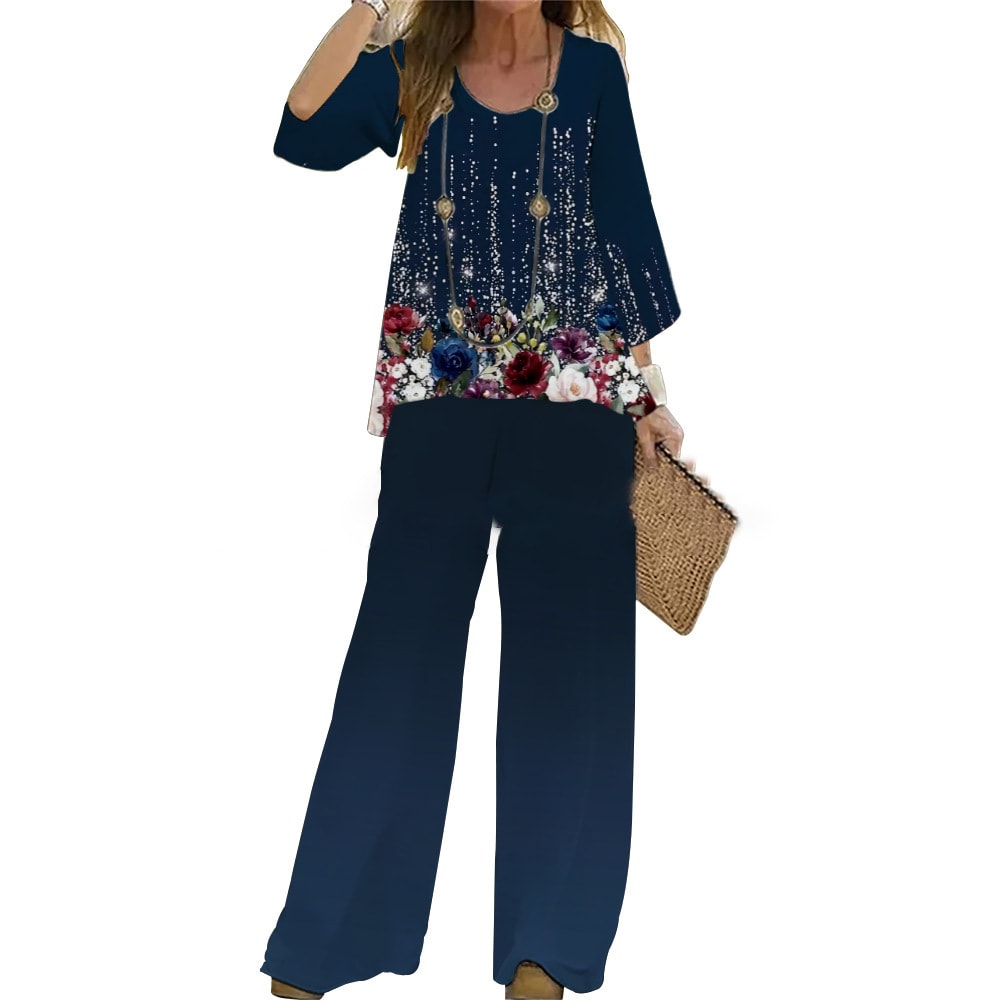 Suit Women's Two-piece Set Fashion Loose Top Wide Leg Pants 3D Printing view 12