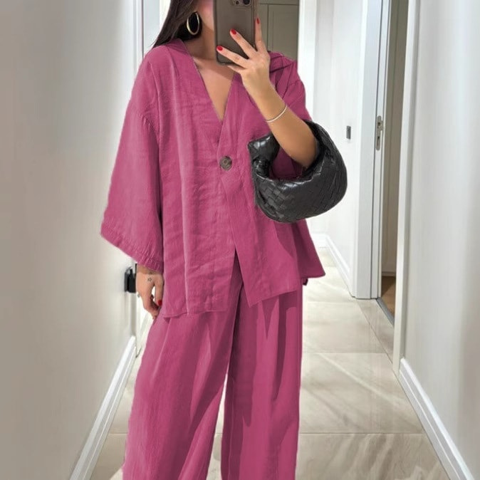 New Fashion Loose-fitting Women's V-neck Top And Wide Leg Pants Casual Suit view 3