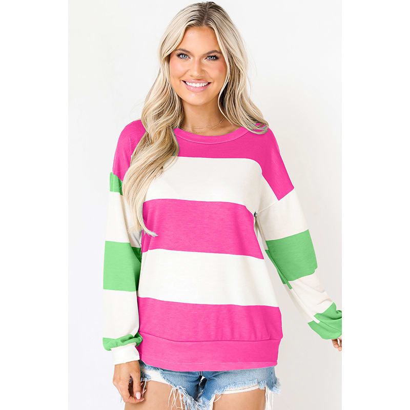 Spring Striped Drop-shoulder Long-sleeve Color Contrast Patchwork Pullover view 7