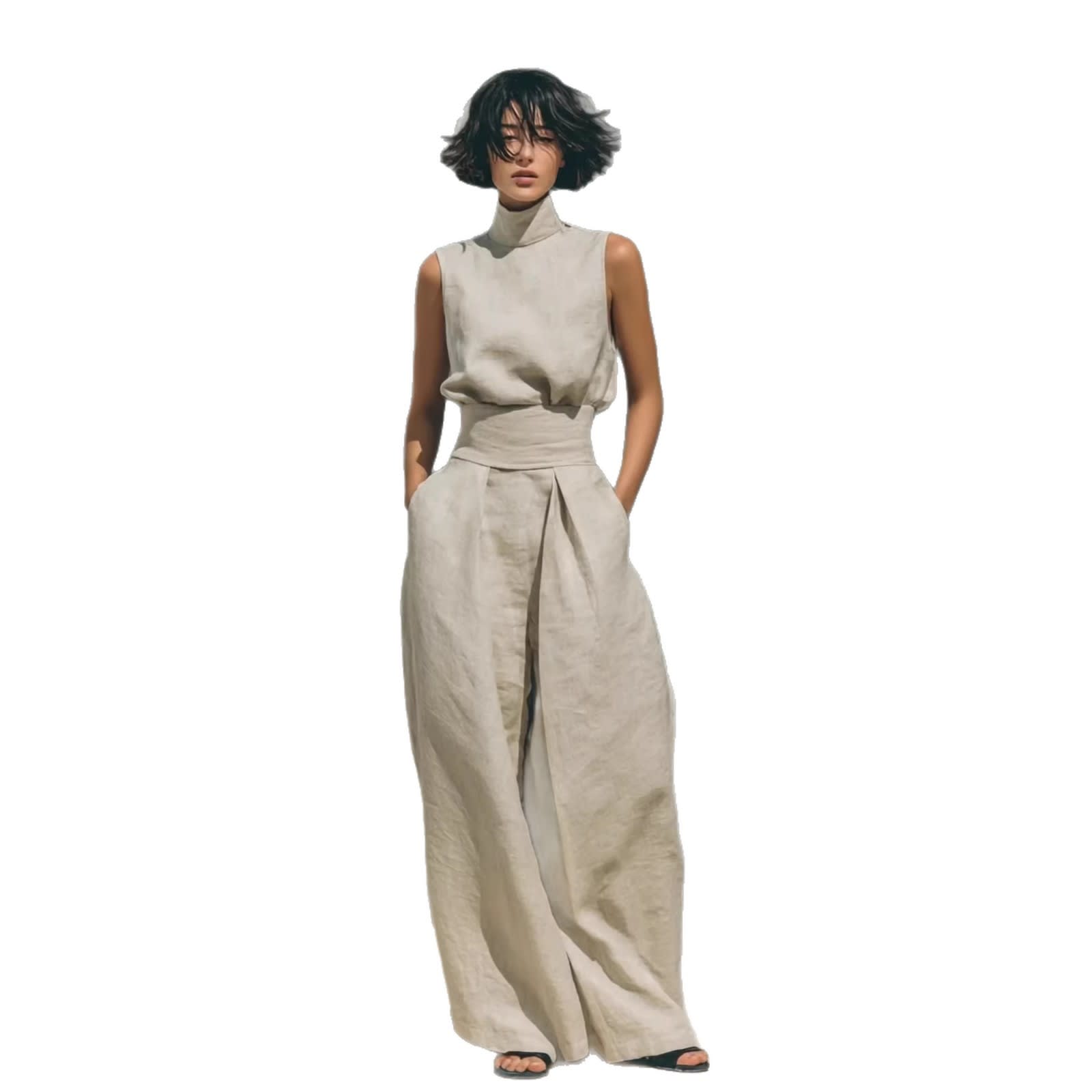 Casual Sleeveless Suit Summer Stand-up Collar Pullover Top And Loose Straight-leg Trousers Women's Clothing view 12