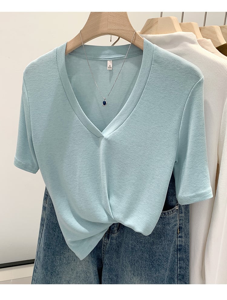 V-neck Shoulder Short-sleeved T-shirt Women's Fashion Small Top view 7