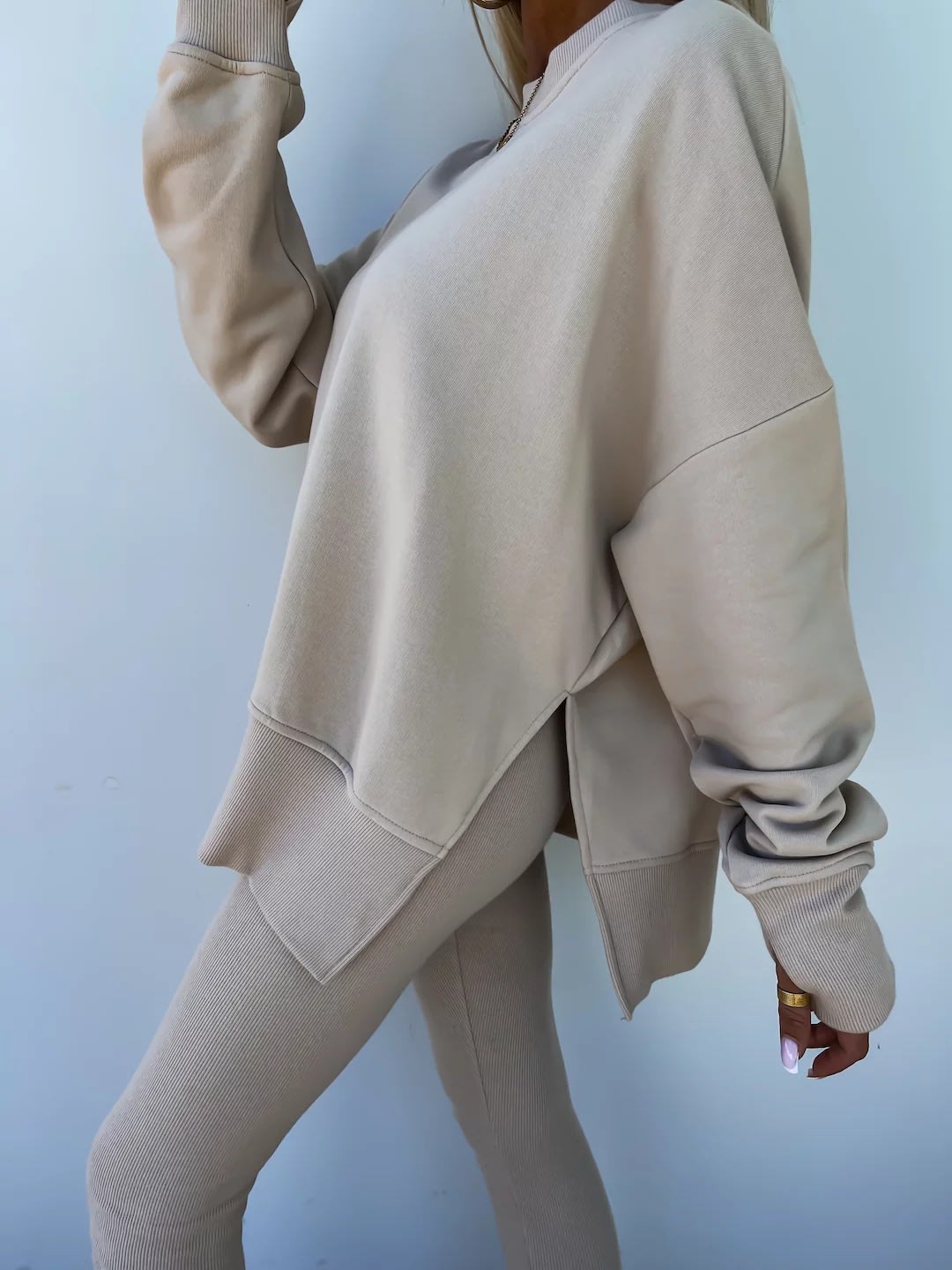 Sweater Suit Women's Casual Loose Long Sleeve Crew Neck Split Top Tight Trousers view 11