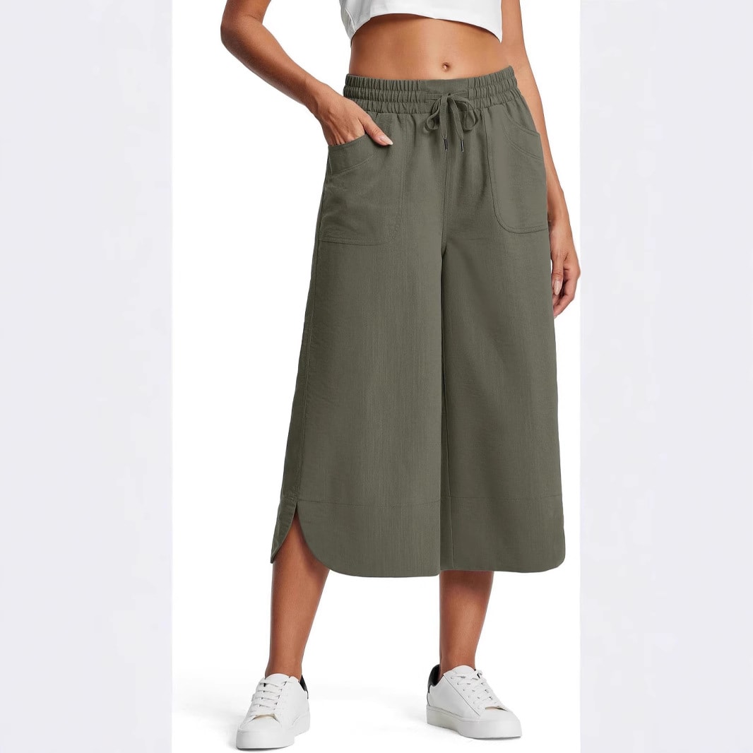 Summer Elastic Waist Solid Color Wide Leg Loose Casual Cropped Pants For Women view 2