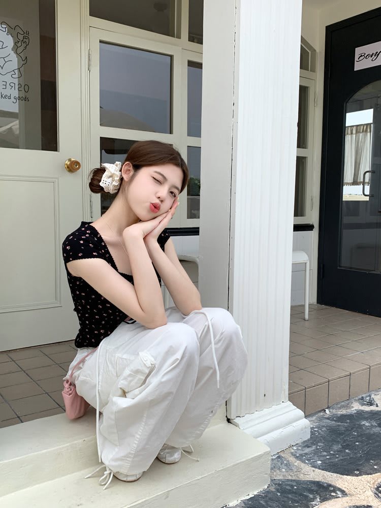 Women's Summer Slim Fit Niche Chic Square Collar Short Sleeve T-shirt Top view 35