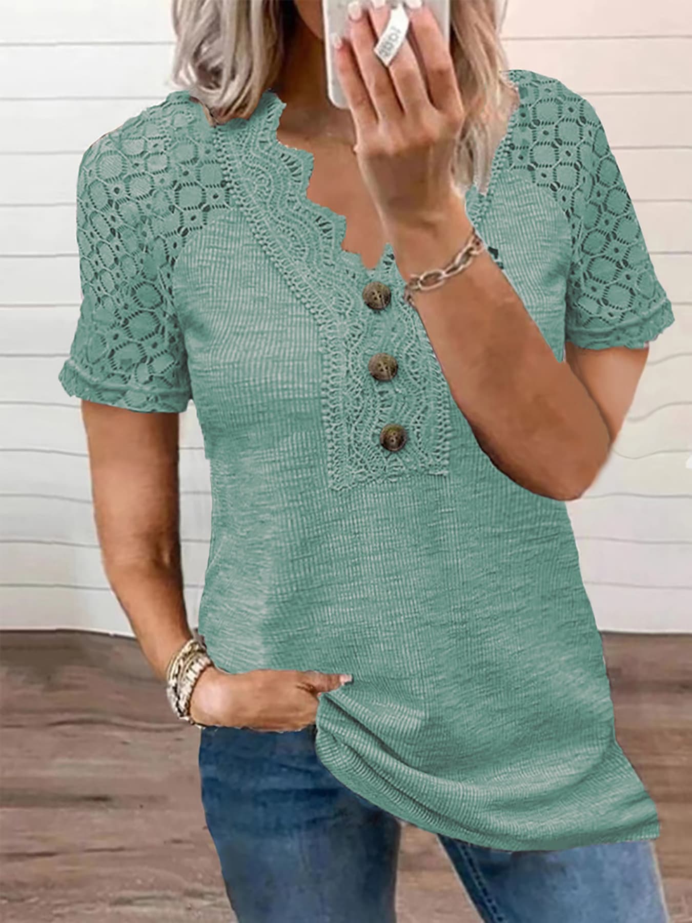 Women's V-neck Buttons Hollow Lace T-shirt view 2
