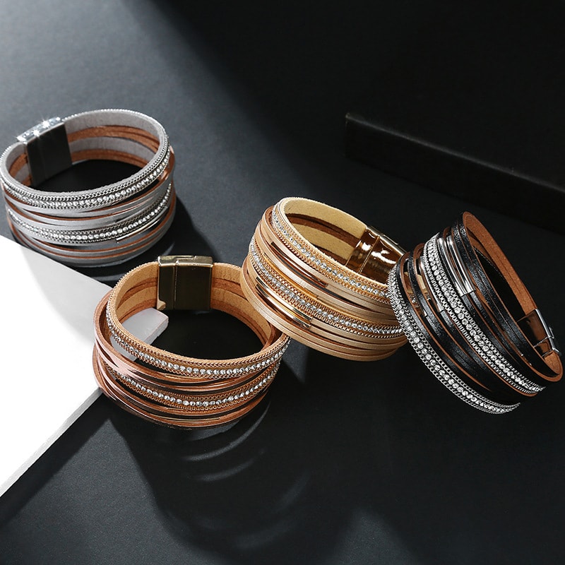 Multi-layer Genuine Leather Slim Chain Copper Tube Stick-on Crystals Bracelet view 12