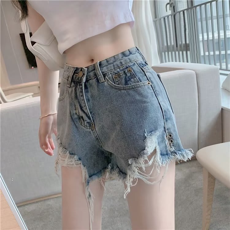 Micro Elastic High Waist Slimming Holes Frayed Vintage Denim Shorts view 4