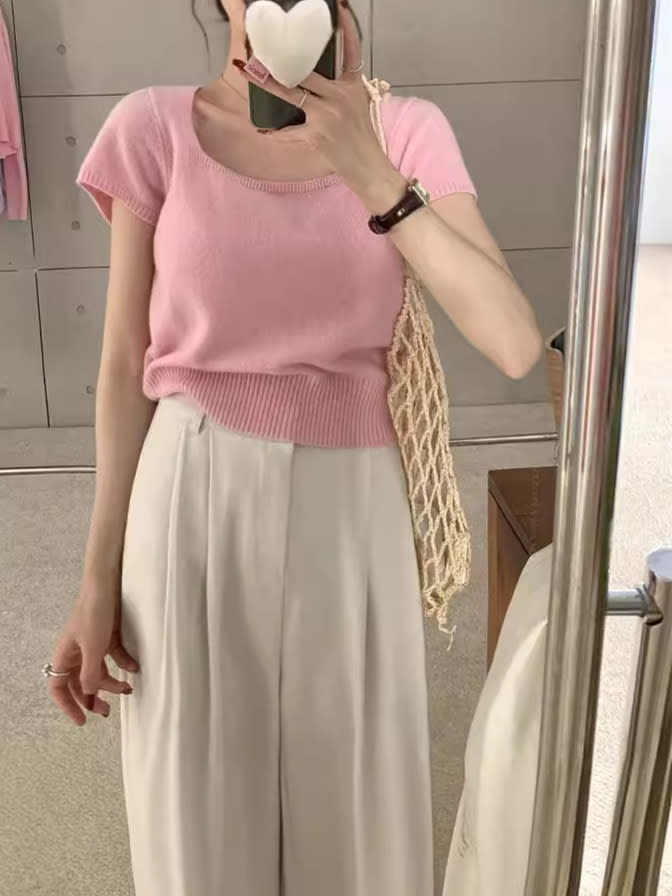 Solid Color Fashion Temperament Square Collar Pullover Short Sleeve Sweater view 3