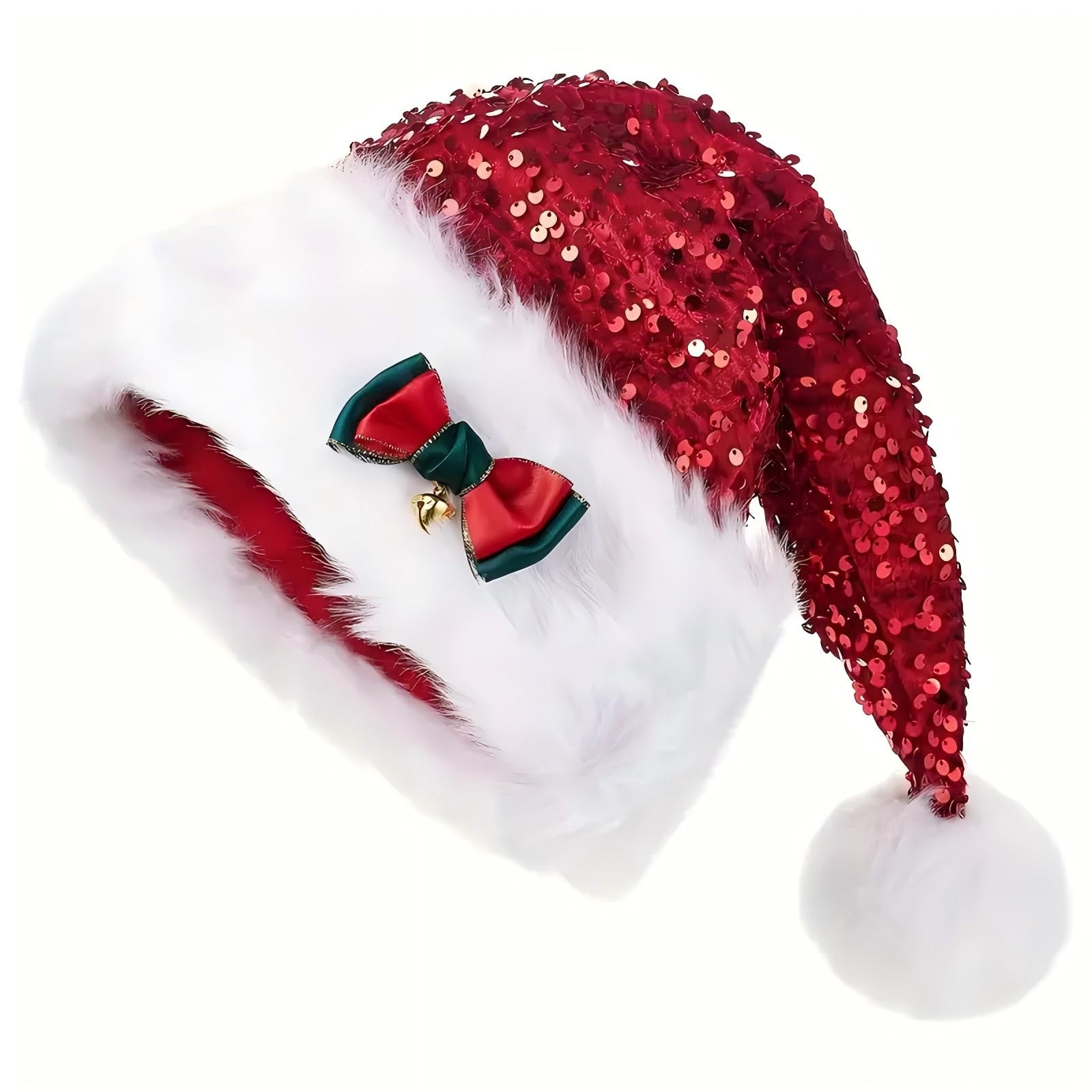 Christmas Hat With Red Sequins And Bow Design Warm Plush Decorative Hat, Christmas Enlarged And Thickened Long Haired Hat view 4
