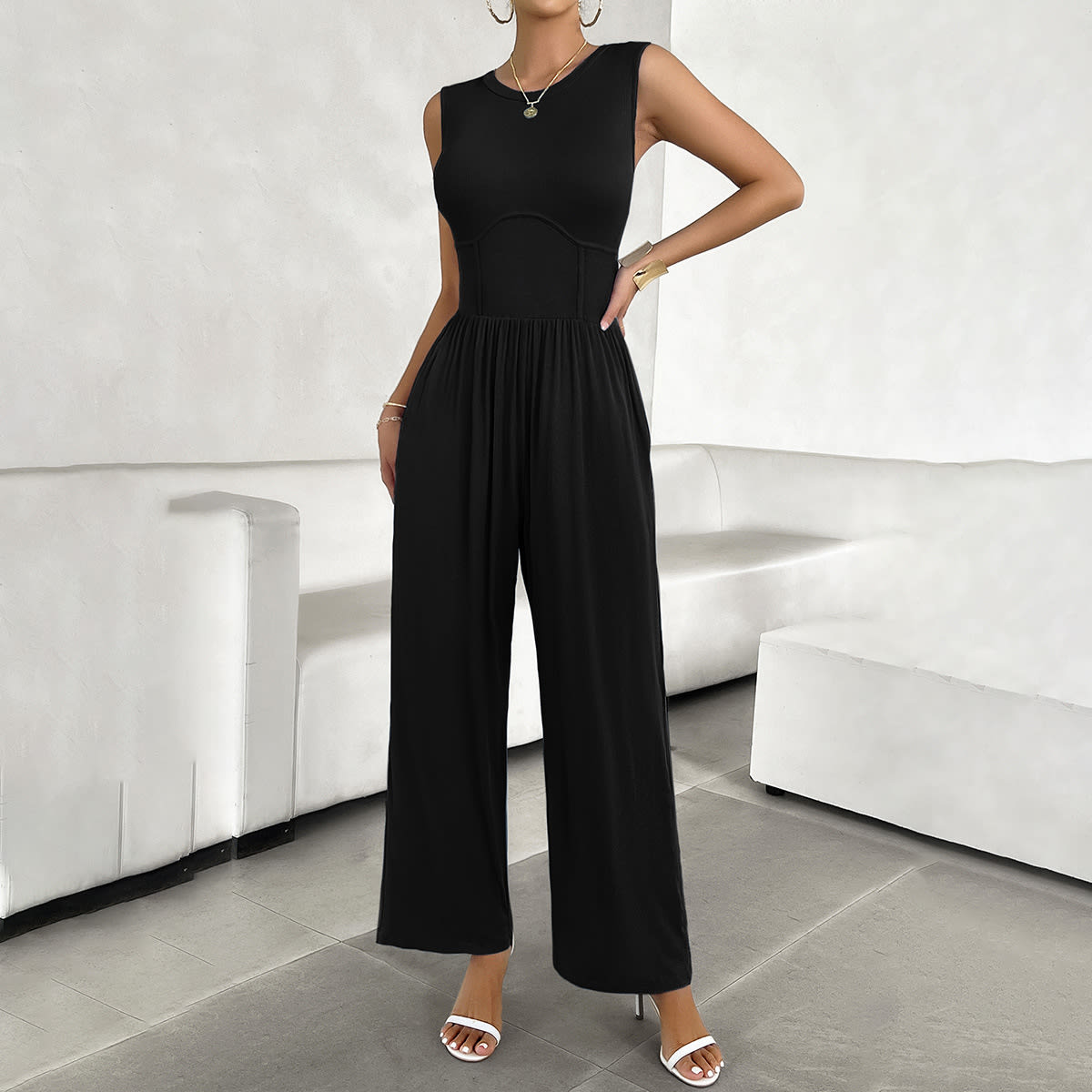 Temperament Pure Color Slim Sleeveless Jumpsuit view 1