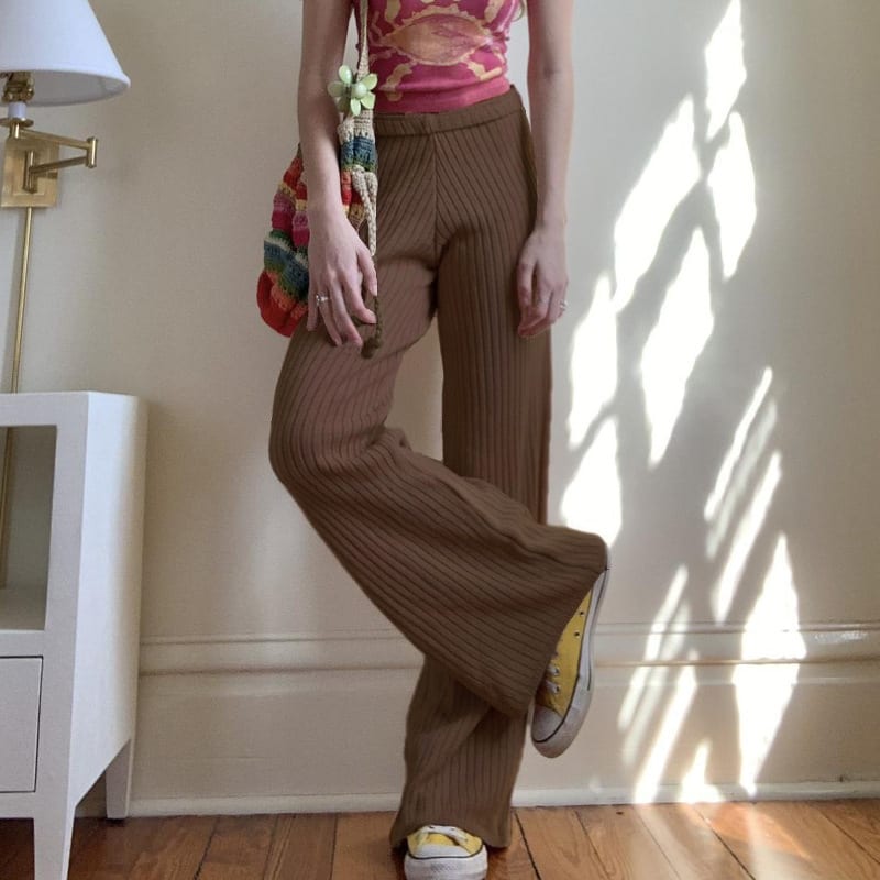 American Retro Solid Color Rib Fabric Basic Knitted Trousers view 6
