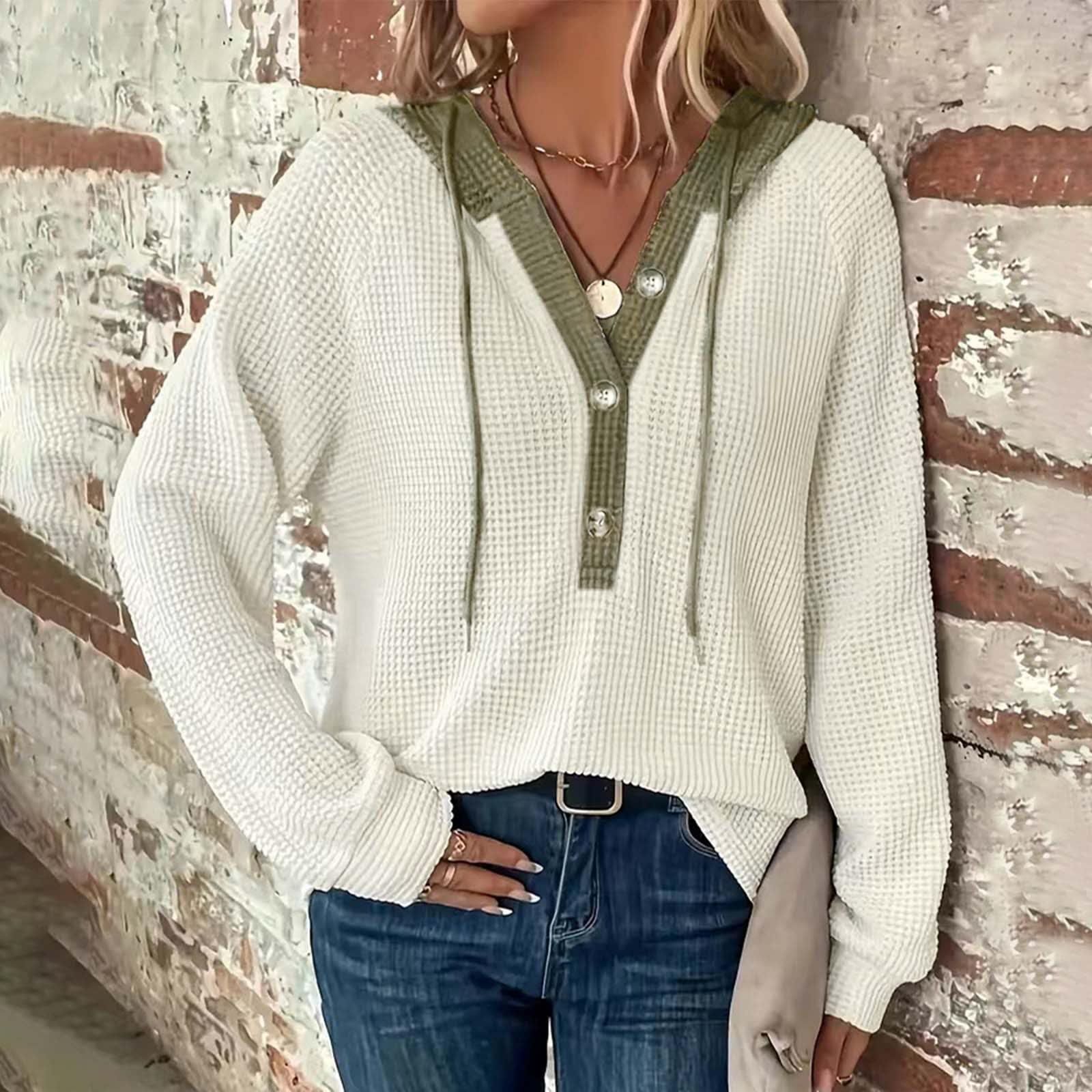 Women's Solid Color Waffle Hooded Button Loose Long Sleeve Sweatershirt view 5