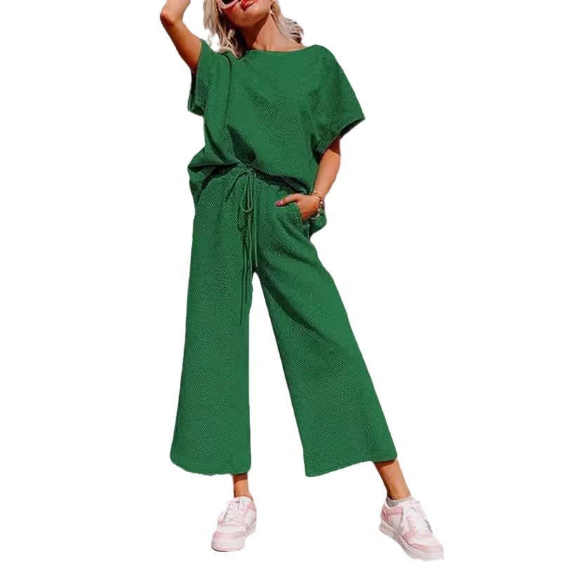 Solid Color Texture Casual Fashion Women's Wear Short-sleeved Trousers Two-piece Set view 21