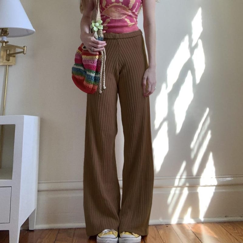 American Retro Solid Color Rib Fabric Basic Knitted Trousers view 1