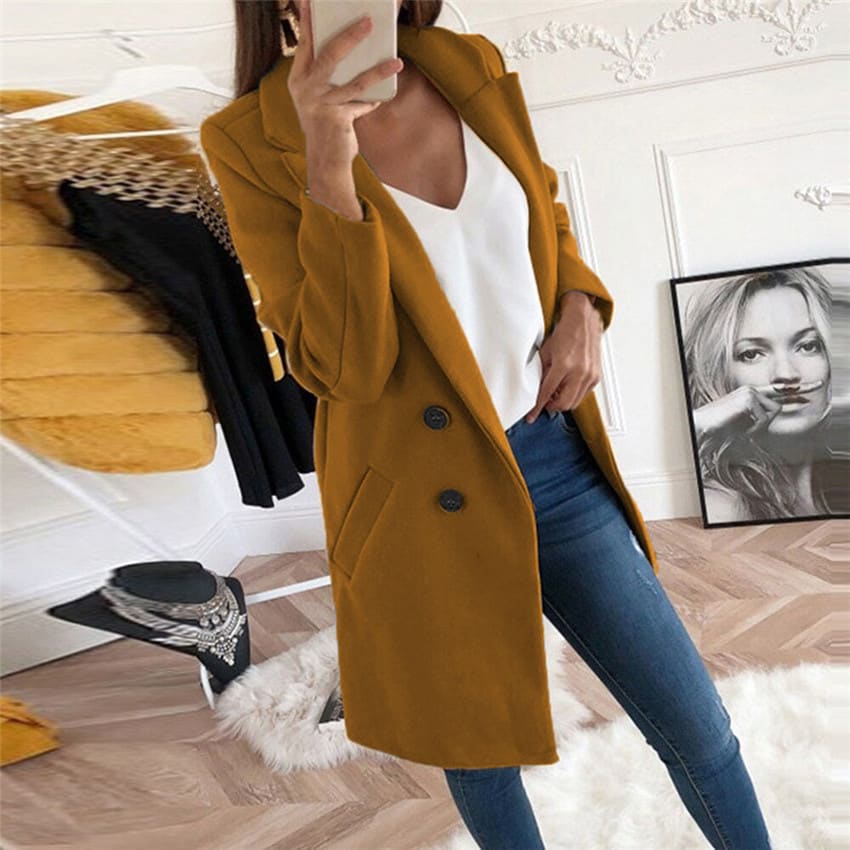 Solid Color Polo Collar Mid-length Button Woolen Coat view 14