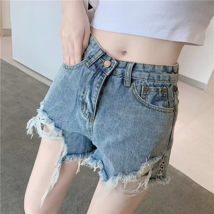 Micro Elastic High Waist Slimming Holes Frayed Vintage Denim Shorts view 7