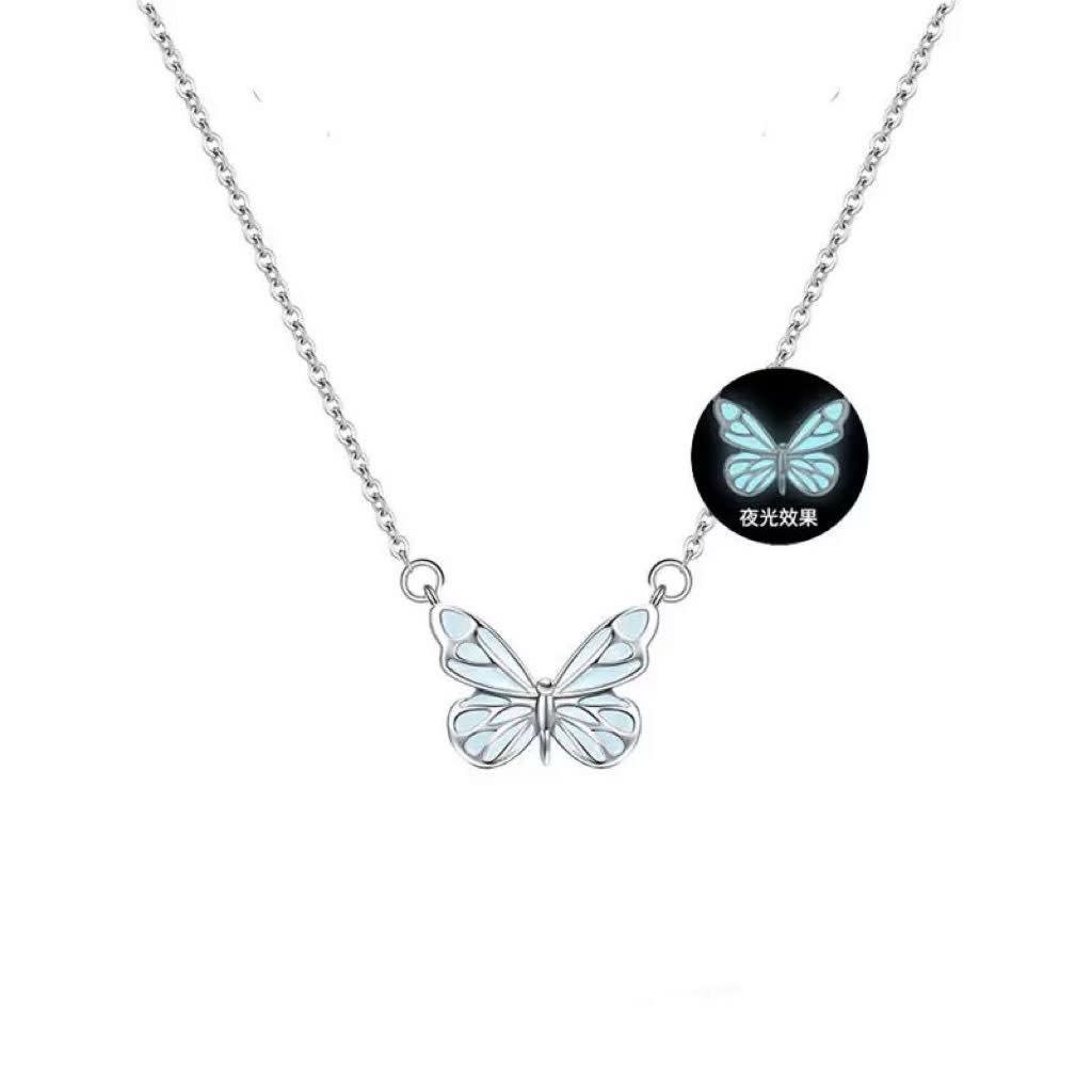 Fashion Blue Luminous Butterfly Necklace Bracelet Set For Glow In The Dark Women Clavicle Chain Choker Party Jewelry Set Gift view 9