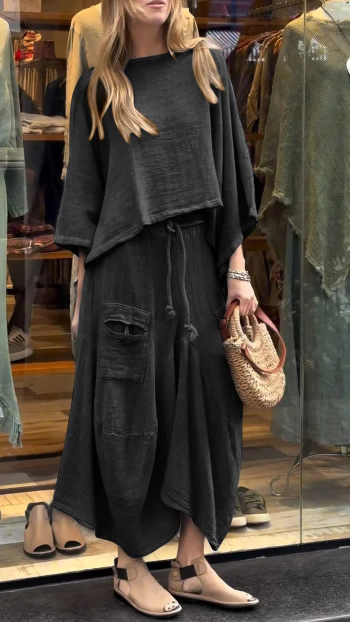 Loose-fitting Skirt Suit Fashion Solid Color Pullover Long-sleeved Top And Long Skirt Two-piece Set