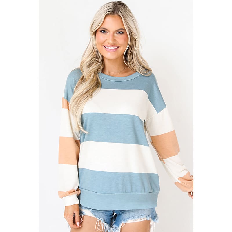 Spring Striped Drop-shoulder Long-sleeve Color Contrast Patchwork Pullover view 6