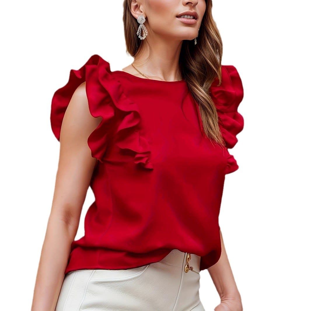 Round Neck Sleeveless Shirt Ruffle Sleeve Pleated Elegant Lady view 8