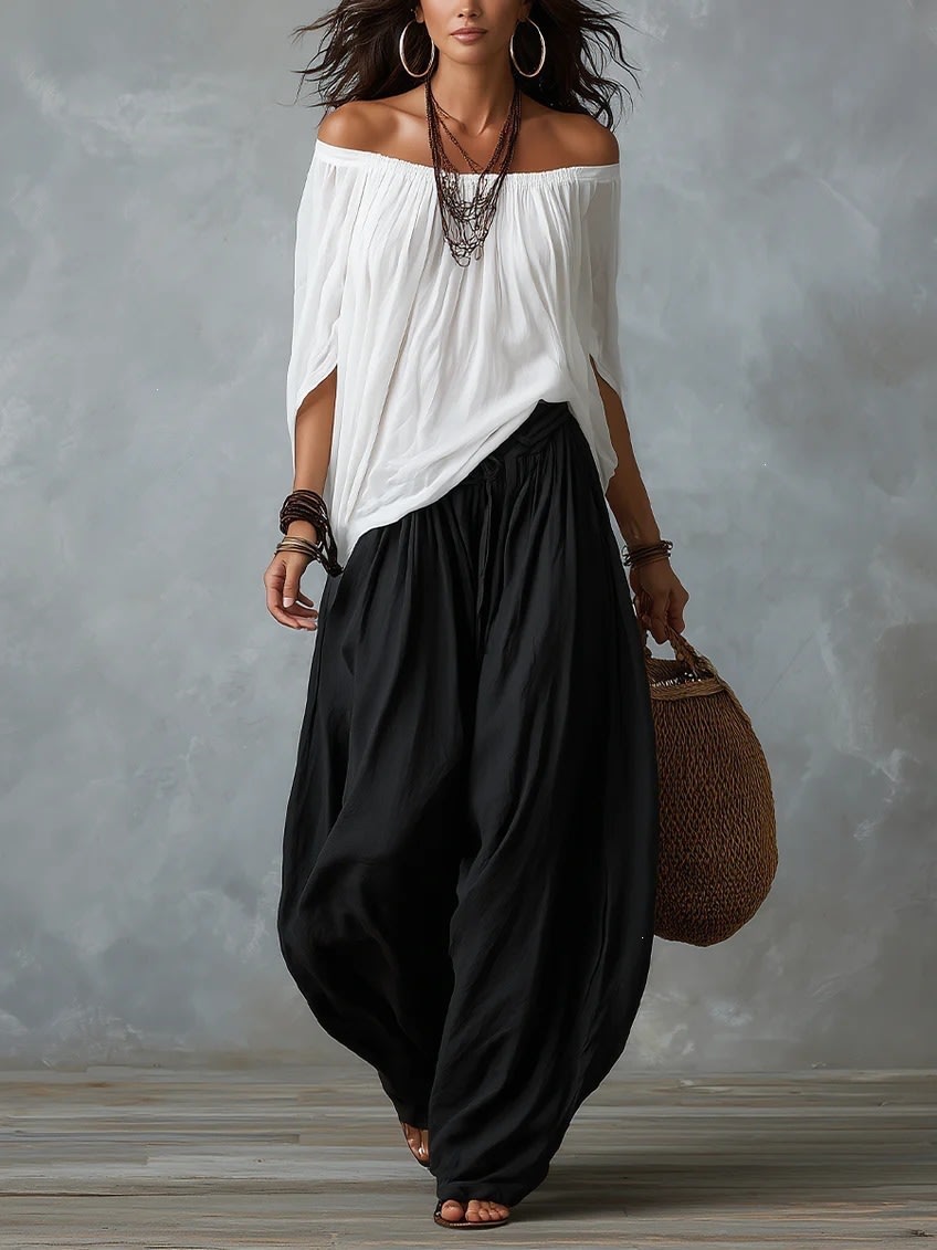 Women's Off-Shoulder Suit Long Sleeve Top And Flare Leg Pants Set - Loose Fit Casual Two Piece Outfit view 14