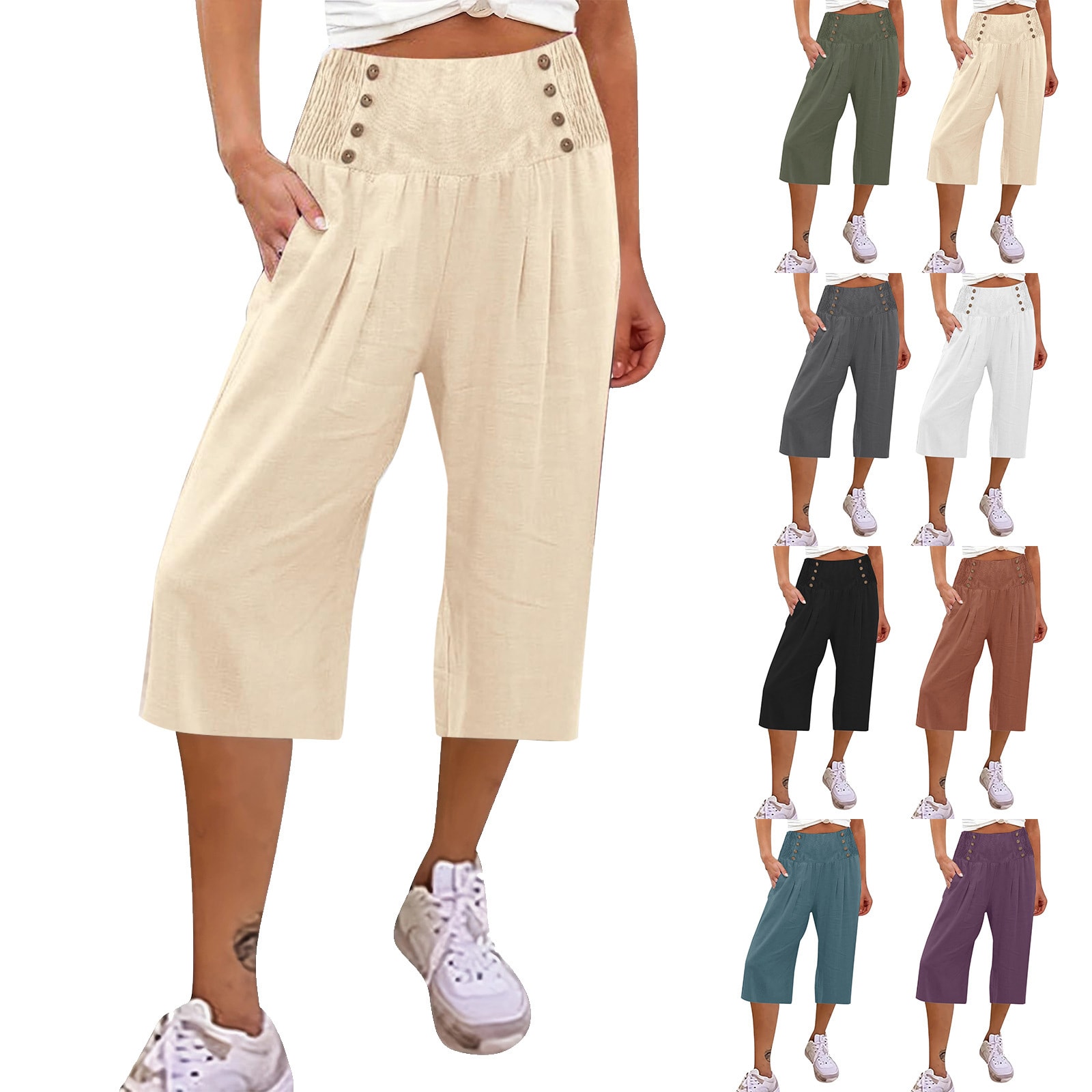 Women's Cotton And Linen Solid Color Buttons Loose Casual Cropped Pants view 15