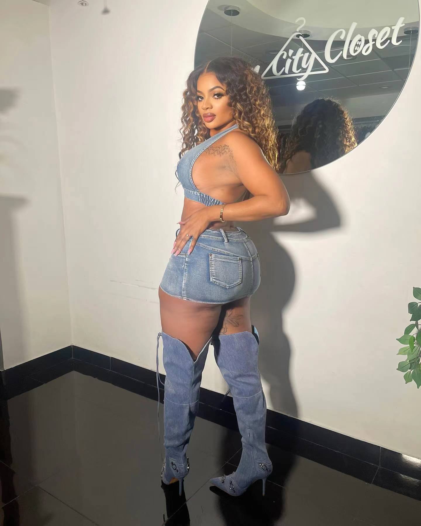 Washed Elastic Denim Casual Sexy Skirt Suit view 6