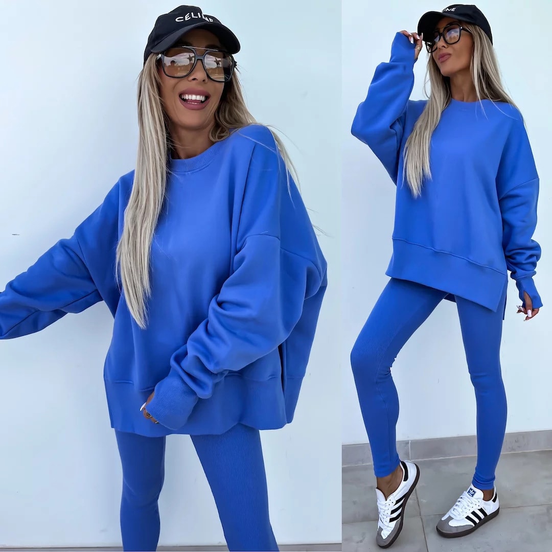 Sweater Suit Women's Casual Loose Long Sleeve Crew Neck Split Top Tight Trousers view 2