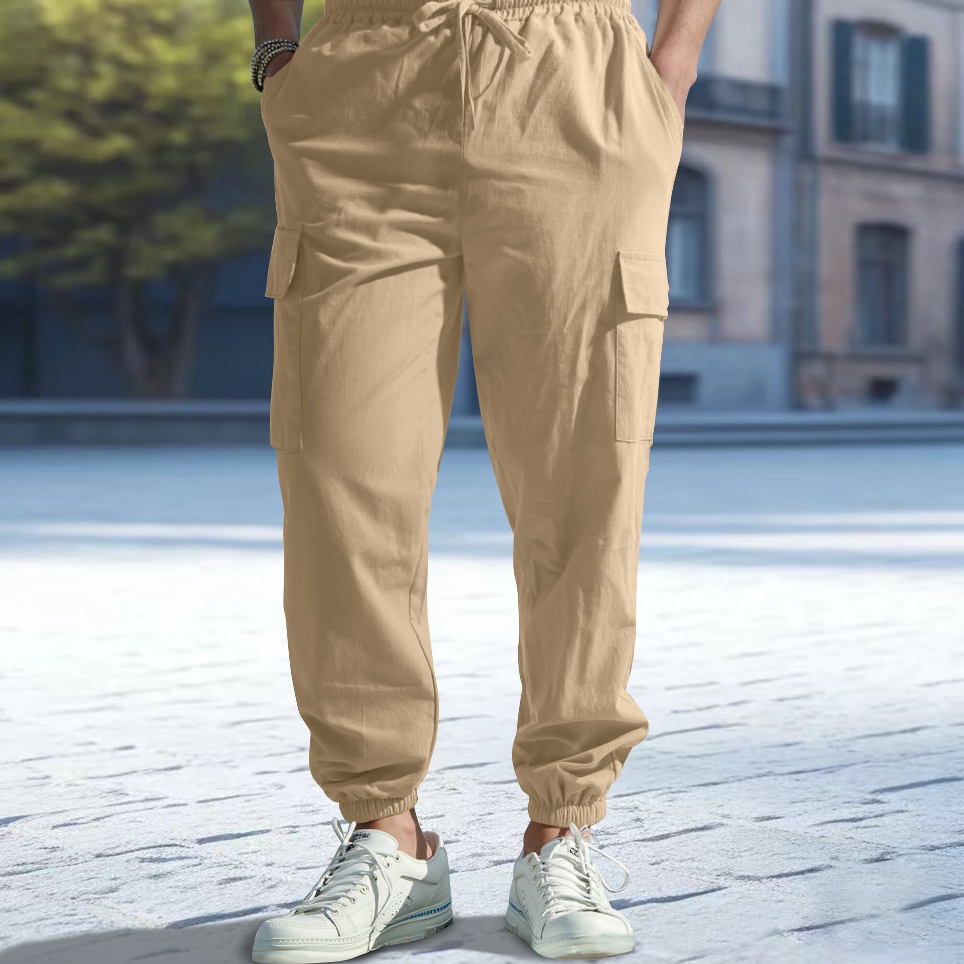 Men's Casual Multi-pocket Pants Cotton And Linen Straight Ankle Tied