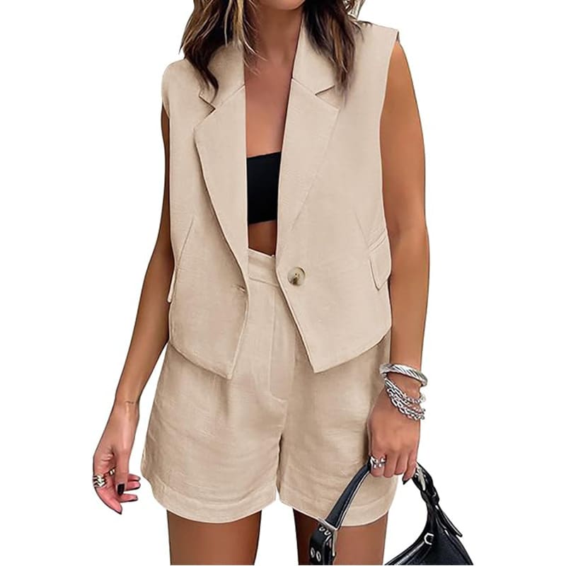 Leisure Commute Button Sleeveless Midriff-baring Vest Coat High Waist Shorts Two-piece Set view 12