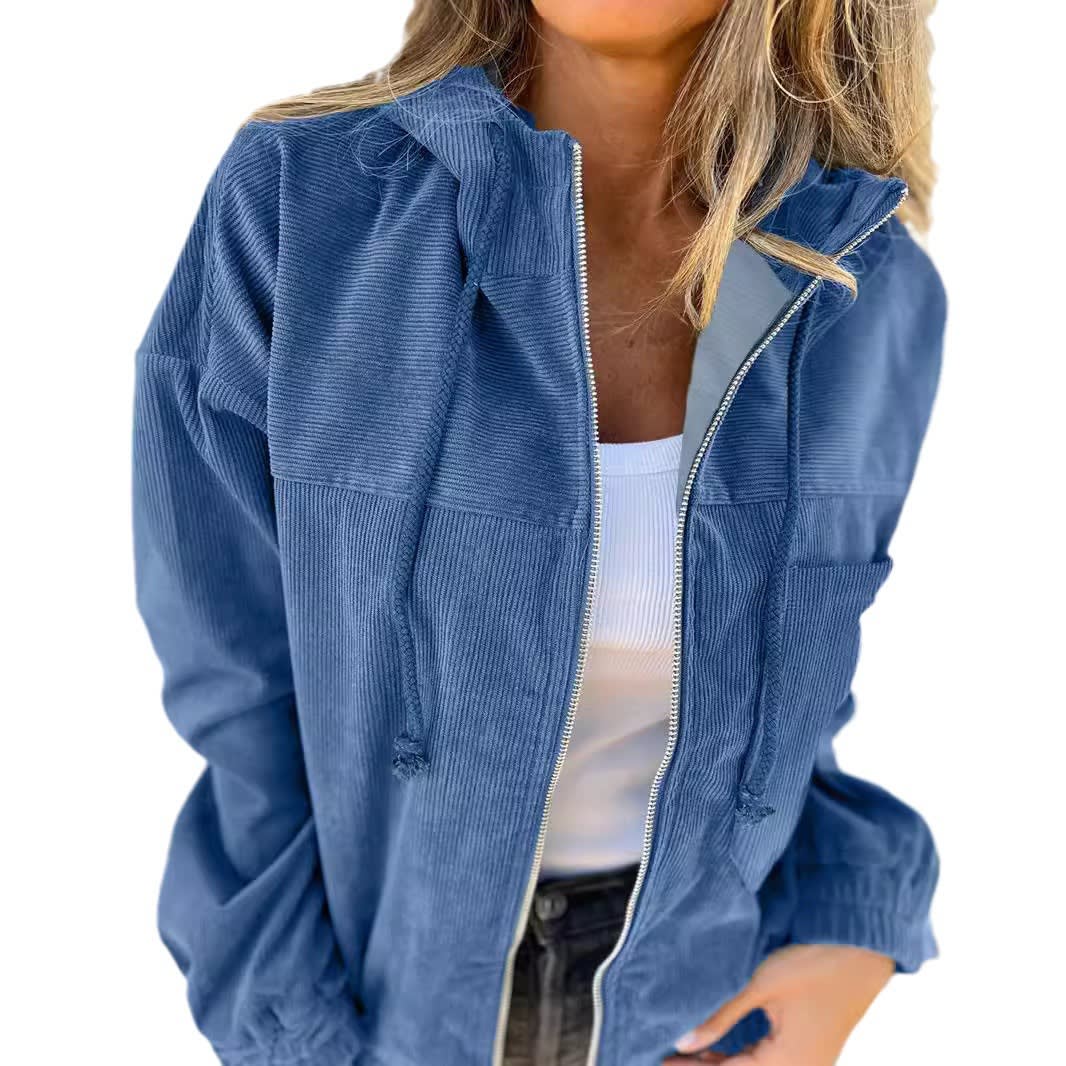 Solid Color Women's Corduroy Hooded Jacket view 5