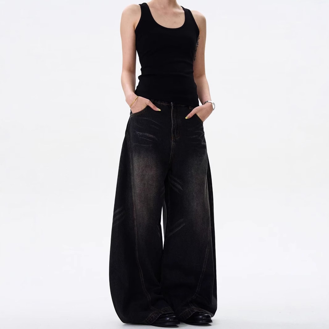 Retro Cat Beard Machete Jeans Women Loose Straight-leg Wide-leg view 5