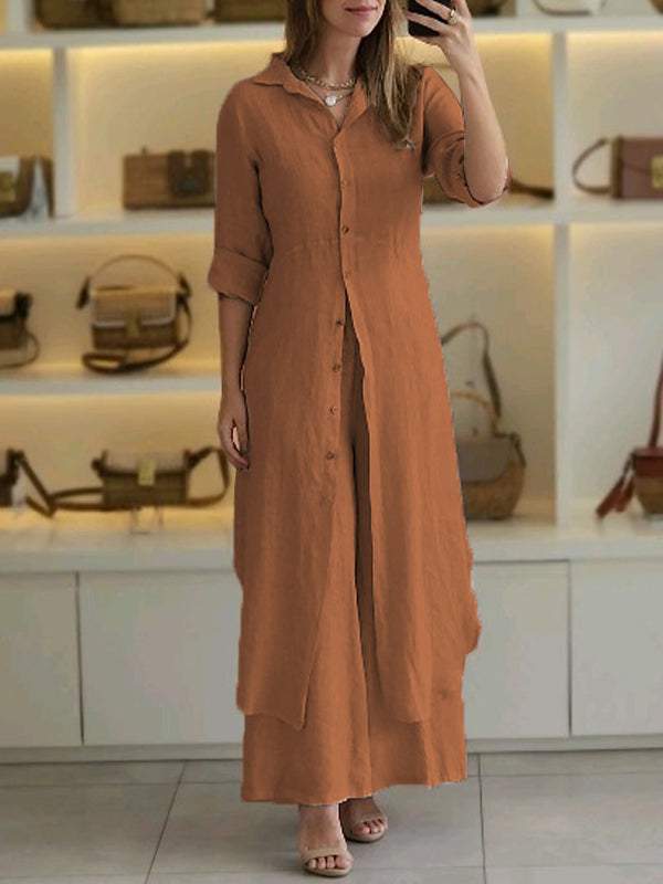 Urban Elegant Cotton And Linen Slim-fit Waist-tight Long Shirt Wide-leg Pants Suit view 9