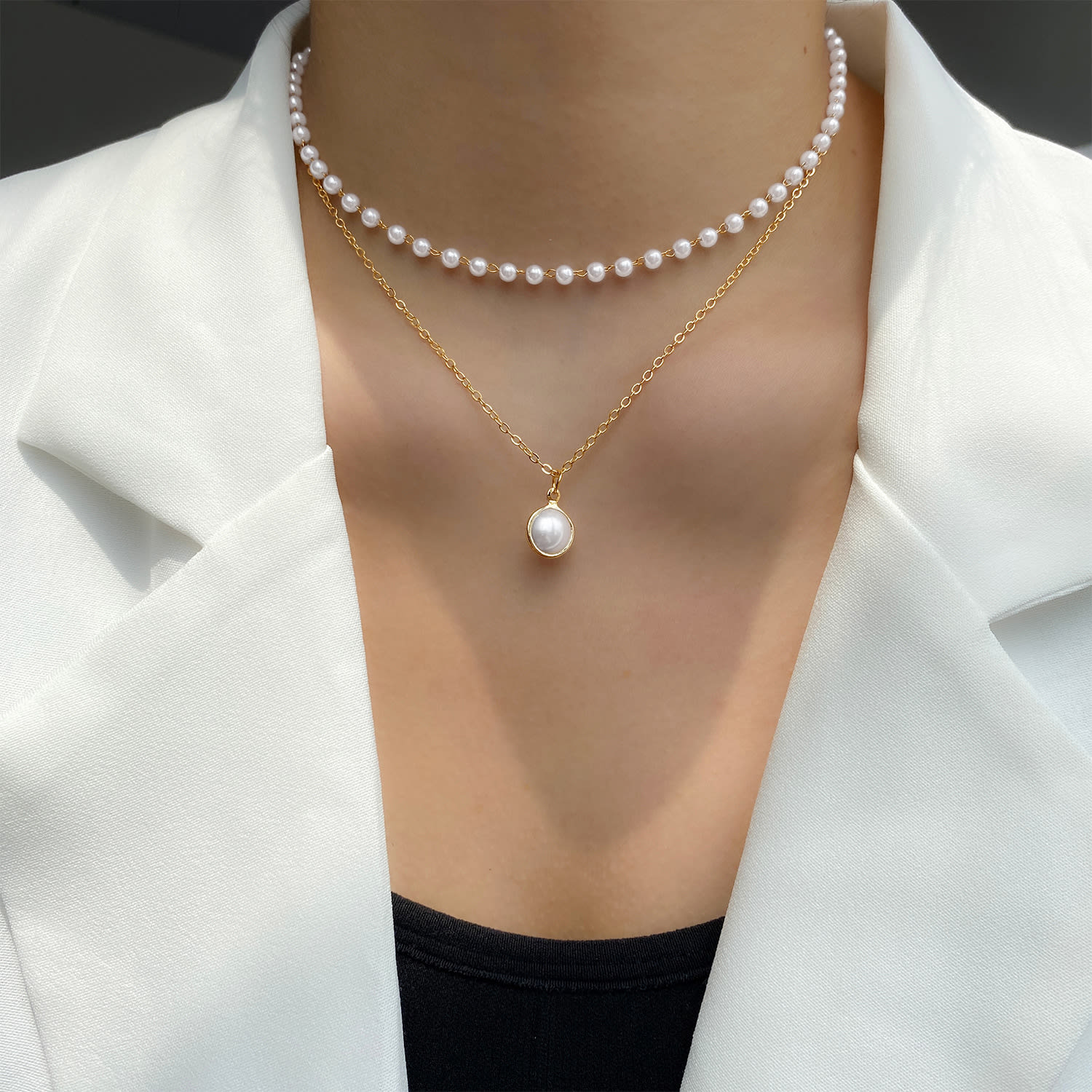 Fashion Jewelry Women's Pearl Tassel Pendant Double-layer Necklace Gold Pearl Necklace For Women view 7