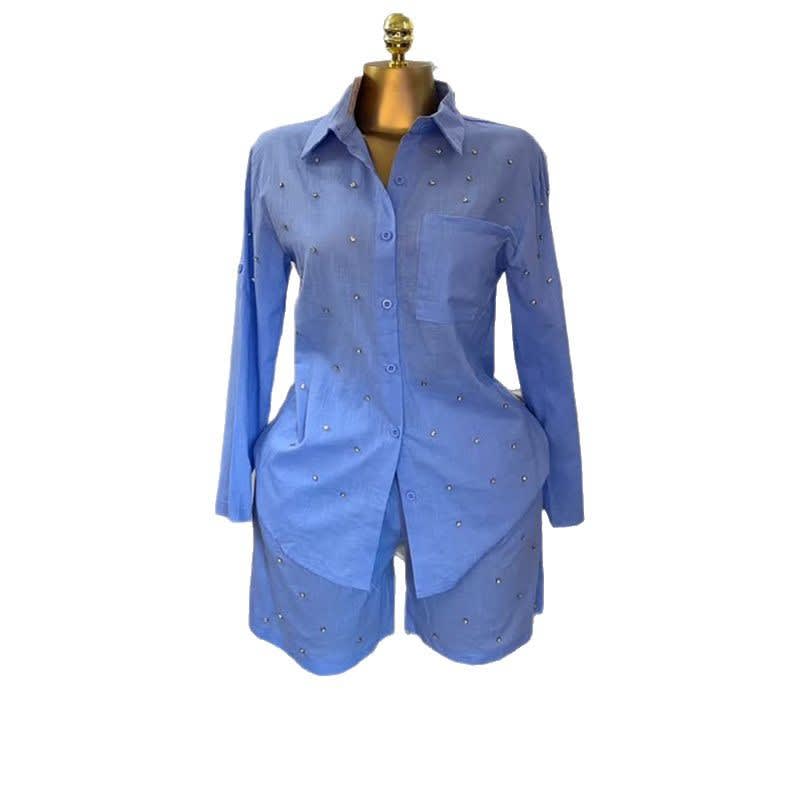 Lapel Beaded Slim-fit Long-sleeved Shirt Shorts Suit view 3