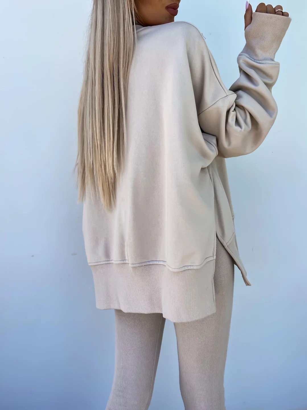 Sweater Suit Women's Casual Loose Long Sleeve Crew Neck Split Top Tight Trousers view 16