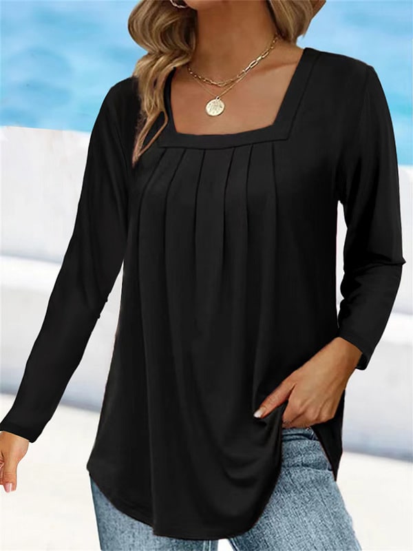Women's Pleated Square Collar Long Sleeve Imitation Cotton Large Size T-shirt view 5