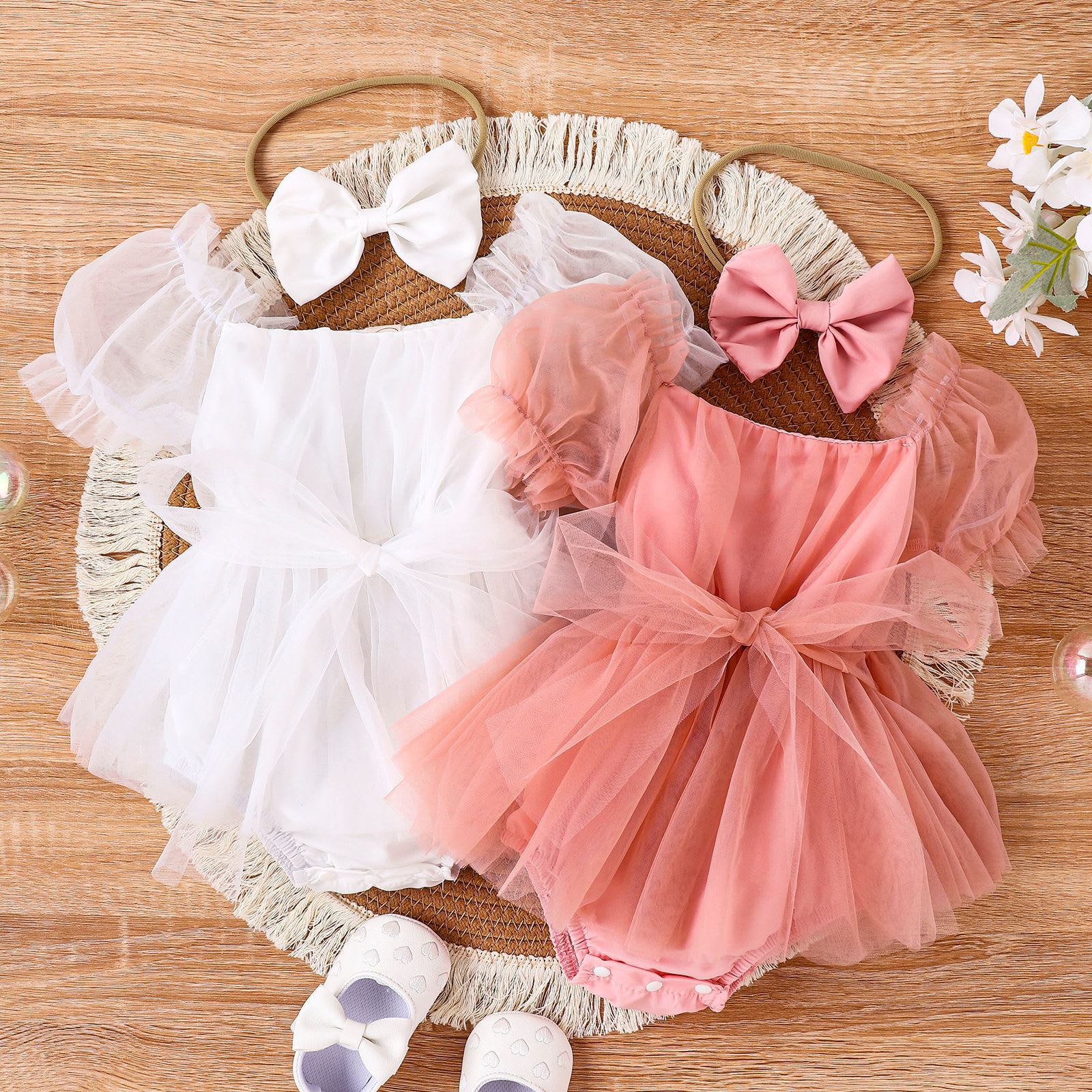 Baby Girl Solid Color Puff Sleeve Net Skirt Head Scarf Vest view 5