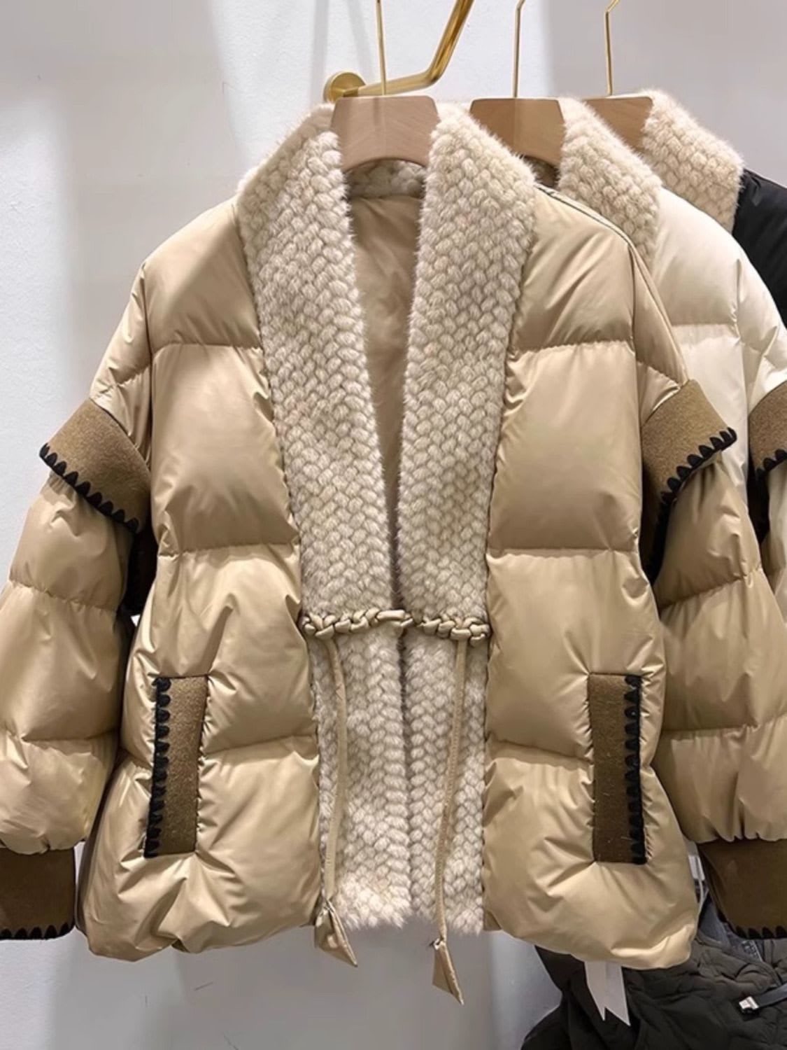 V-neck Frog Button Stitching Furry Padded Down Jacket Cotton-padded Coat view 8