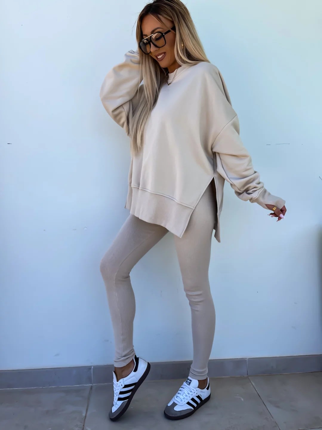 Sweater Suit Women's Casual Loose Long Sleeve Crew Neck Split Top Tight Trousers view 6